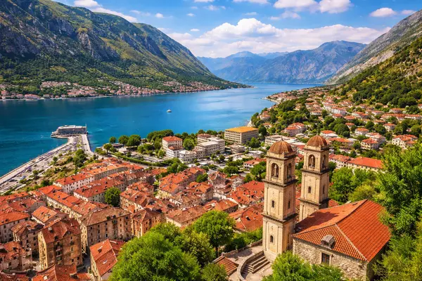 Scenic view of Kotora Melnkalne old town and Bay of Kotor in Montenegro