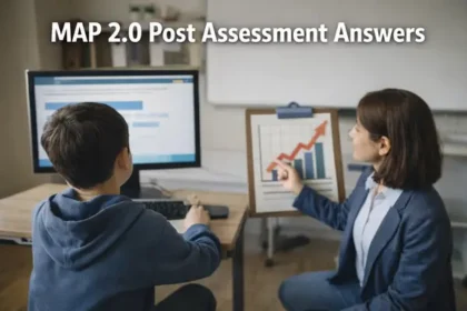 tudent checking MAP 2.0 post assessment score report on a laptop, showing RIT scores and growth charts, highlighting adaptive learning and academic progress