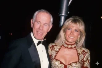 Alexis Maas attending a formal event with Johnny Carson