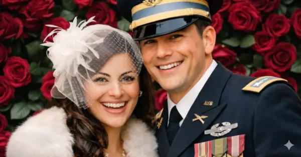 Meredith Schwarz standing with Pete Hegseth in military uniform, representing their early life period