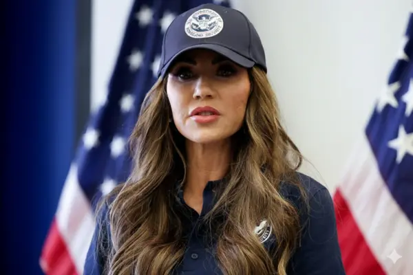Kristi Noem standing confidently at a podium wearing a uniform and cap, appearing in official attire during a public event